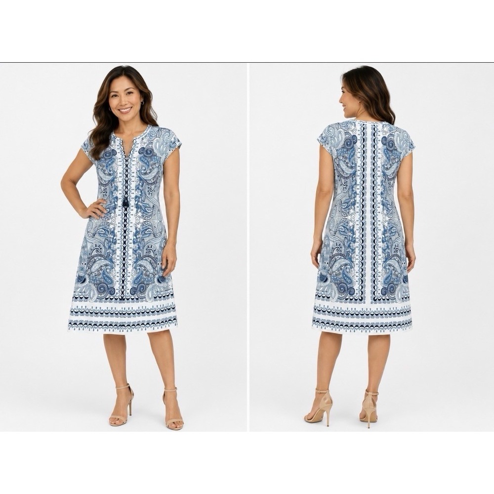 NWT Hale Bob Paisley Print Shift Tunic Dress Women's XS‎ Blue Short Sleeve Silky